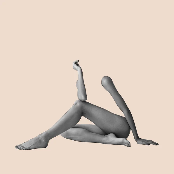 ボディアート 人間の美しさ シルエット 女性の身体部分 足と手は薄いパステルカラーの背景に隔離されています スキンケア ボディケア ヘルスケアの概念 そのままの女性の美しさ ポスターバナー — ストック写真