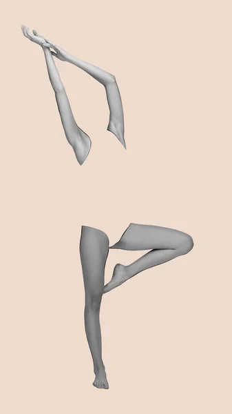 Body art, aesthetics. Human beauty. Silhouette of slim female body, legs and hands isolated over light pastel background. Skincare, bodycare, healthcare concept. Female beauty as it is. Poster, banner
