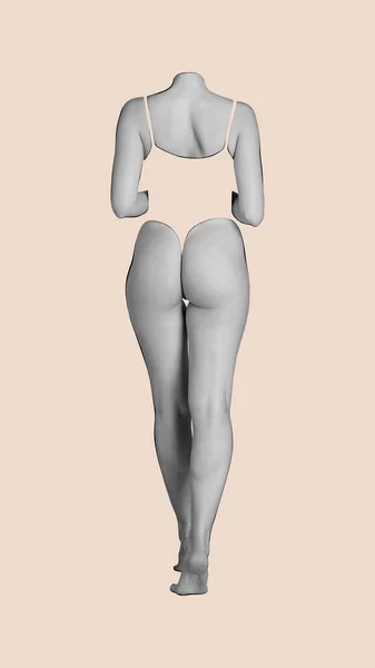Body art, aesthetics. Natural beauty. Back view, full-length female body, back, buttock and legs isolated over light background. Skin and body care concept. Female beauty as it is. Poster, banner