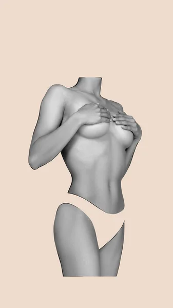 Body art, aesthetics. Human beauty. Sensual tender female body, breast, waist and legs isolated over light background. Skincare, bodycare, healthcare concept. Female beauty as it is. Poster, banner