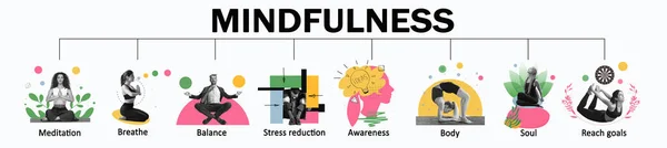 Set Icone Consapevolezza Problema Tra Cui Meditazione Respirare Equilibrio Riduzione — Foto Stock