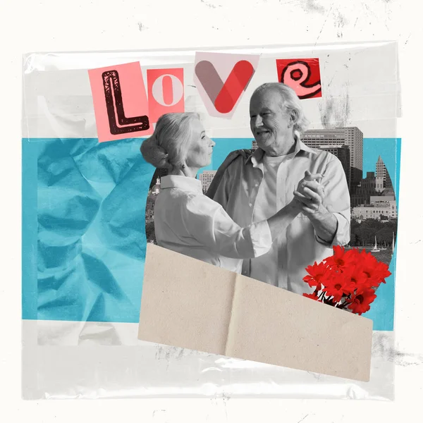 当代艺术拼贴 创意设计 结婚纪念日 老年男女 祖父母庆祝关系周年纪念日 支持的概念 — 图库照片