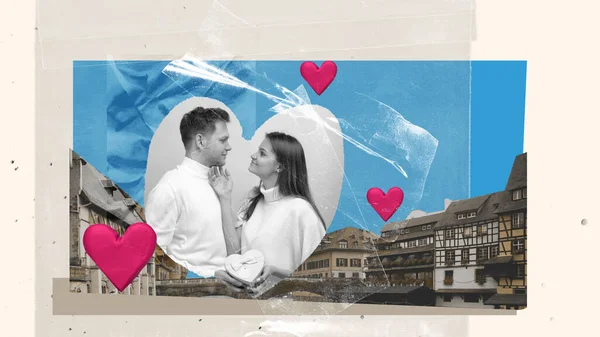 当代艺术拼贴 创意设计 幸福的年轻夫妇在城市的背景上互相表达爱意 情感和感觉的概念 班纳明信片 — 图库照片