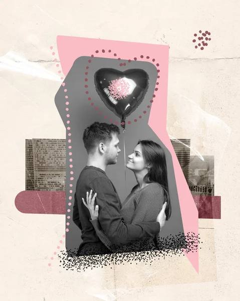 Collage Art Contemporain Design Créatif Joyeux Beau Jeune Couple Célébrant — Photo