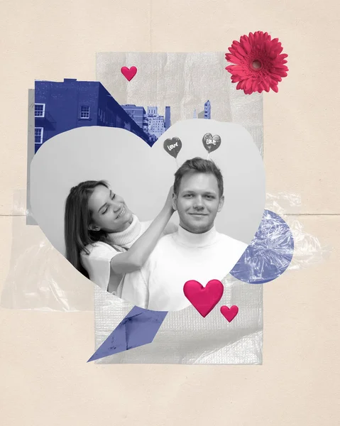 Collage Art Contemporain Design Créatif Joyeux Jeune Couple Souriant Montrant — Photo