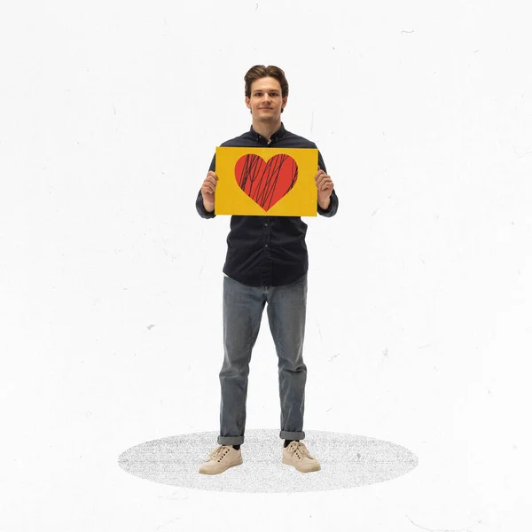 Conceptual Design Modern Art Collage Young Happy Man Standing Carton — Stock Photo, Image