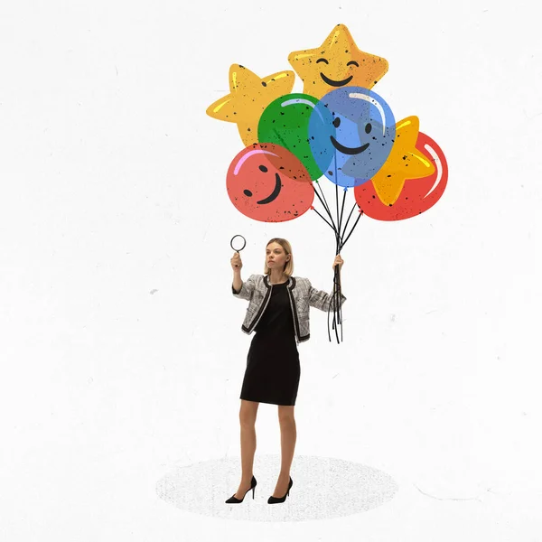創造的な近代的な概念設計 マーケター 顧客の検索とクライアントに焦点を当てた会社を意味する気球を保持する女性 市場調査 ビジネス 統計の概念 — ストック写真