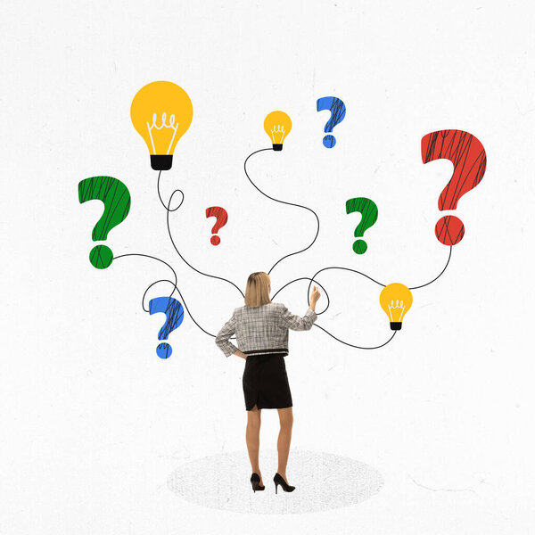 Decision making. Modern creative conceptual design. Young woman standing in front of many diverse questioning marks and choosing right way. Concept of soft skills, business, communication, management