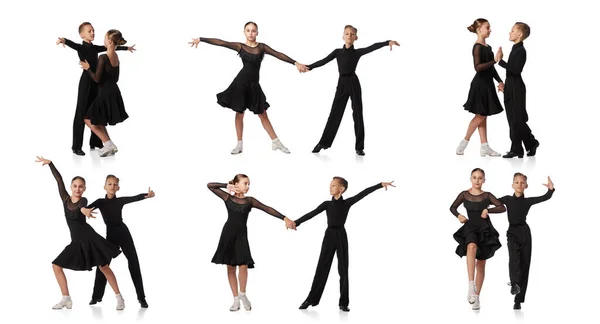 Collage Two Kids Girl Boy Black Stage Costumes Dancing Ballroom — Stock Photo, Image