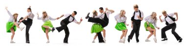 Kolaj. Güzel kız ve modaya uygun bir adam beyaz arka planda izole edilmiş retro sahne kostüm dansında. Hareket sanatı, klasik dans, retro moda, kültür ve yaşam tarzı kavramı