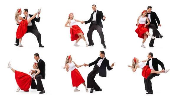 大学生活 有表现力的夫妇 男人和女人 穿着复古风格服装的舞者 跳着与白人背景隔离的社交舞 运动艺术 古典舞 复古时尚 文化观念 — 图库照片