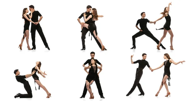 Collage Snygga Uttrycksfulla Ungdomar Svarta Scenkostymer Dansar Utför Tango Isolerad — Stockfoto