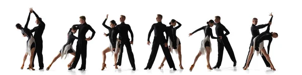 大学生活 时尚美丽的年轻人 穿着黑色服装的男人和女人跳着探戈和交际舞 在白色的背景下与世隔绝 运动艺术 古典舞 文化的概念 — 图库照片