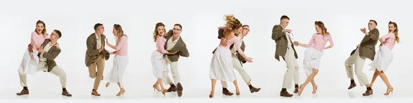 콜라주 그래피 스타일의 남녀는 배경에 고립된 춤추는 댄스에 적합하다 고전적 — 스톡 사진