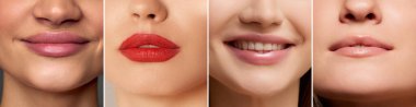 Kolaj. Rujlu farklı kadın dudaklarının yakın plan görüntüleri. Dudak büyütme, estetik ameliyat ve kozmetik bakım. Doğal güzellik kavramı, kozmetik ve kozmetik, cilt bakımı. Pankart