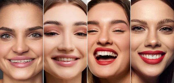 コラージュ ヌードメイクと滑らかな健康的な肌を持つ女性の顔のクローズアップ画像 笑顔の若い女の子 歯のデンタルケア 自然の美しさ 化粧品 スキンケアの概念 バナー — ストック写真