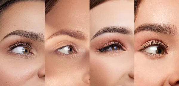Collage Närbild Vackra Kvinnliga Ögon Och Ögonbryn Smidig Glödande Hud — Stockfoto