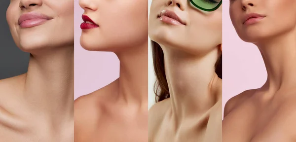 Kolaż Przycięte Bliskie Zdjęcia Kobiecej Twarzy Ust Nosa Ramion Delikatna — Zdjęcie stockowe