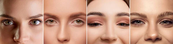 Kolaj Güzel Kadın Gözlerinin Kaşlarının Yakın Plan Görüntüleri Mankenler Kameraya — Stok fotoğraf
