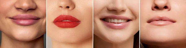 Collage Close Beelden Van Diverse Vrouwelijke Lippen Lippenstift Lipvergroting Plastische — Stockfoto