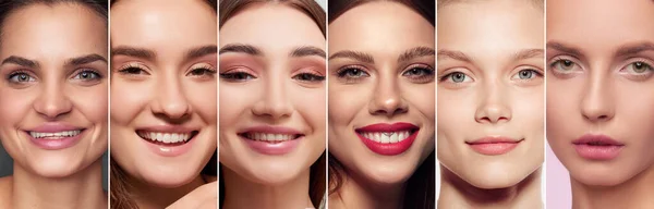 Çıplak Makyajlı Genç Bakımlı Farklı Kızların Kırpılmış Görüntüleri Modeller Gülümsüyor — Stok fotoğraf