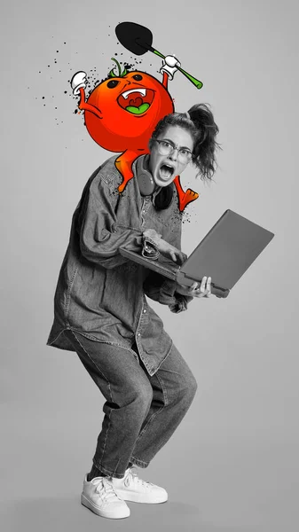 Colagem Arte Contemporânea Imagem Preto Branco Menina Estudante Com Laptop — Fotografia de Stock