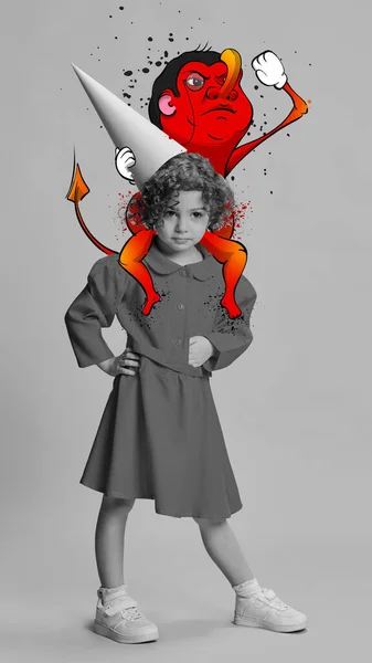 Koláž Současného Umění Koncepční Návrh Černobílý Obraz Holčičky Dítě Barevným — Stock fotografie