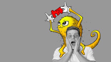 Çağdaş sanat kolajı. Omuzlarında renkli çizgi film karakteri olan heyecanlı genç bir adamın siyah ve beyaz görüntüsü. Sürrealizm kavramı, iç dünya, duygular, hayal gücü ve