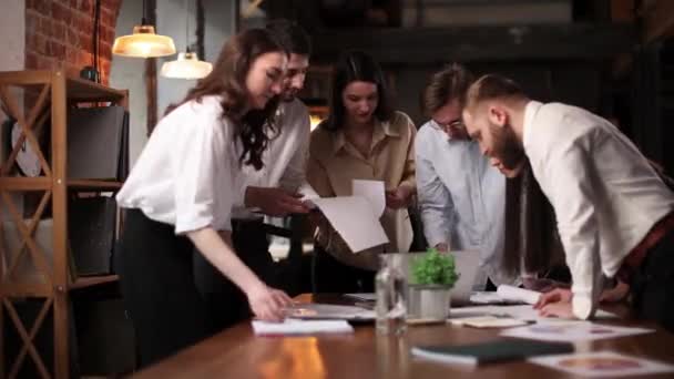 Lively Meeting Group People Men Women Employees Standing Table Actively — Stock Video