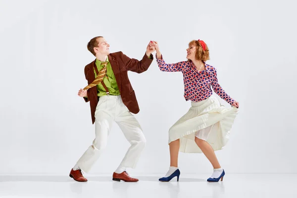 Showing Positive Energy Young Man Woman Stylish Clothes Dancing Retro — Stock Photo, Image