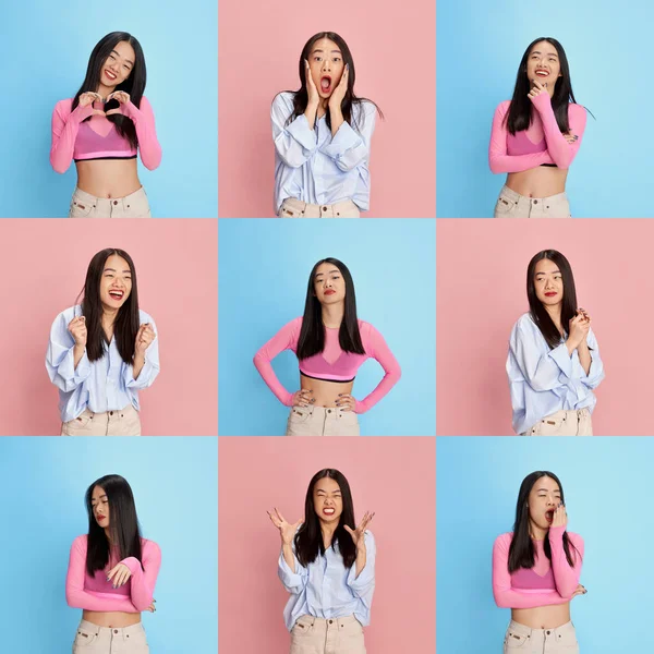 Collage Van Diverse Emoties Van Jonge Koreaanse Meisje Casual Kleding — Stockfoto