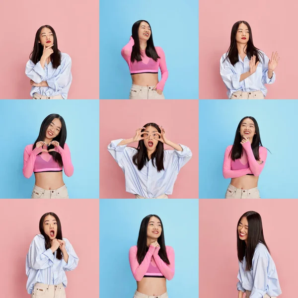 Collage Olika Känslor Unga Vackra Koreanska Flicka Casual Kläder Poserar — Stockfoto
