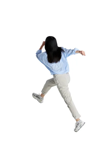 Bovenste Isometrische Achteraanzicht Jong Meisje Shirt Jeans Loopt Naar Voren — Stockfoto