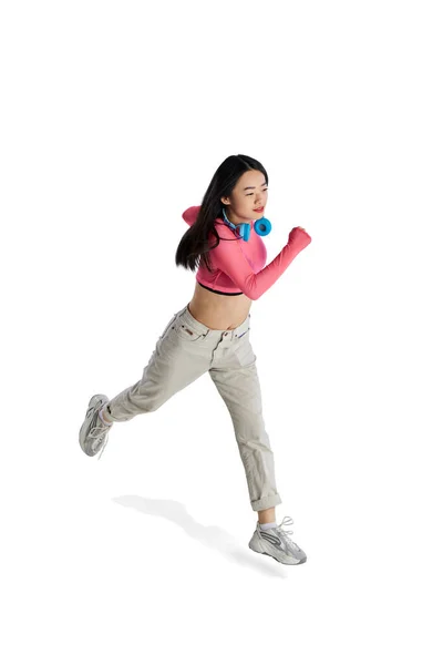 Vista Isométrica Superior Chica Joven Con Auriculares Ropa Casual Movimiento — Foto de Stock