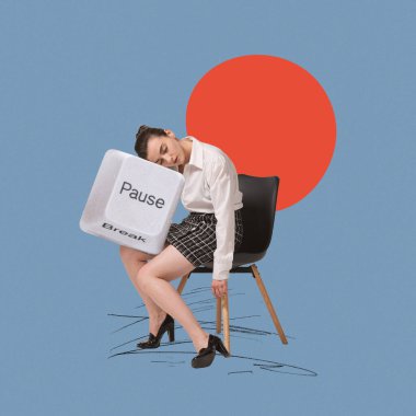 Contemporary art collage. Creative design. Young woman, employee sleeping on big keyboard element of pause. Break. Concept of business, symbolism, modern technologies, imagination and inspiration clipart