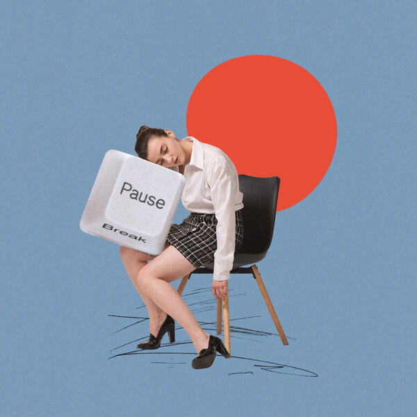 Contemporary art collage. Creative design. Young woman, employee sleeping on big keyboard element of pause. Break. Concept of business, symbolism, modern technologies, imagination and inspiration