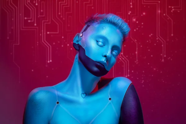 Junges Mädchen Bild Eines Futuristischen Cyborg Roboters Mit Nackten Schultern — Stockfoto