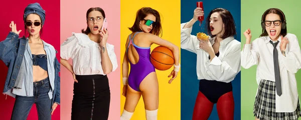 Collage Uppsättning Porträtt Vackra Unga Kvinna Olika Kläder Och Livssituationer — Stockfoto