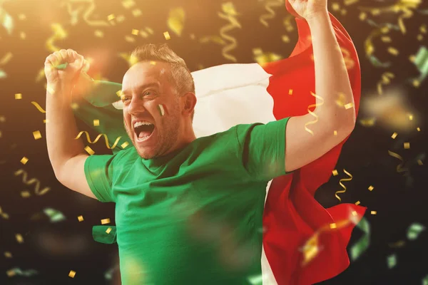 Mature Man Football Soccer Fan Emotionally Cheering Favourite Team Italy — Stock Photo, Image