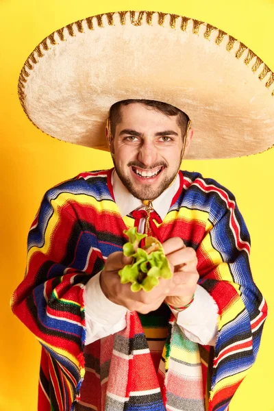 Portrait Jeune Homme Joyeux Vêtements Fête Colorés Poncho Sombrero Posant — Photo