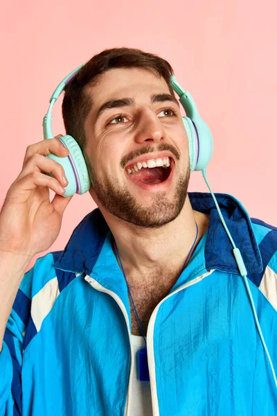 Half Length Portrait Smiling Young Handsome Man Headphones Sportswear Posing — Stock Photo, Image