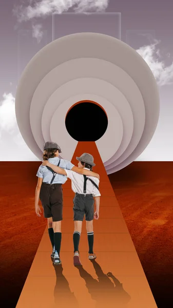 Two Friends Brothers Little Boys Retro Clothes Walking Surrealism Space — Stock Photo, Image