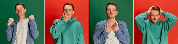 Collage Bilder Eines Jungen Mannes Lässiger Kleidung Der Mit Unterschiedlichen — Stockfoto