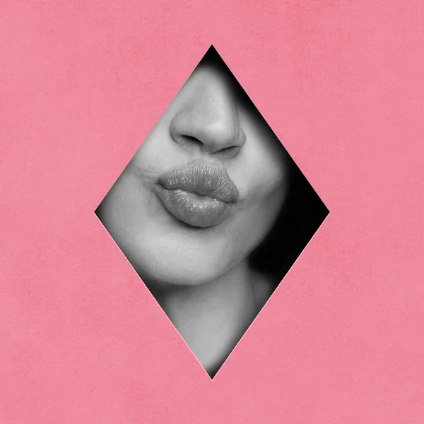 Zoenen Zwart Wit Beeld Van Bijgesneden Vrouwelijke Gezicht Deel Lippen — Stockfoto
