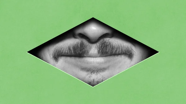 Czarno Biały Obraz Męskiej Części Twarzy Warg Wąsów Zielonym Tle — Zdjęcie stockowe