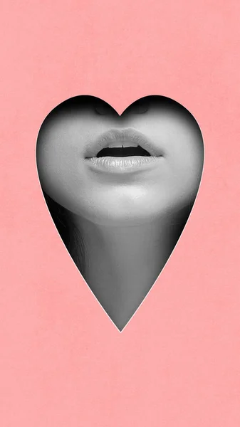 在粉色背景下 女性嘴唇呈心形的黑白图像 当代艺术拼贴 概念设计 抽象艺术 想象力和灵感的概念 — 图库照片