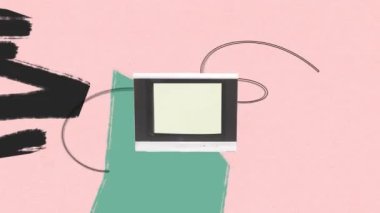 Tarz sahibi bir adam TV ekranına çıkıp anons yapıyor. Oylama süreci. Hareket etmeyi, animasyonu durdurun. Yaratıcılık kavramı, medya etkisi, bilgi, haber. Reklam için boşluk kopyala. Retro tasarımı