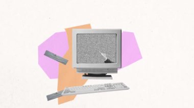 Tarz sahibi adam, gazeteci bilgisayar monitörüne bakıyor ve duyuru yapıyor. Hareket etmeyi, animasyonu durdurun. Yaratıcılık kavramı, medya etkisi, bilgi, haber. Reklam için boşluk kopyala. Retro tasarımı