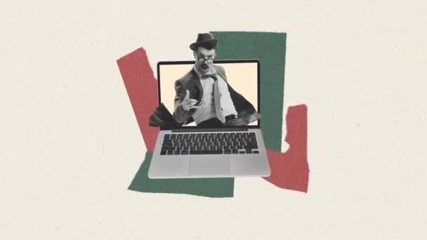 Κομψός Άνθρωπος Επίσημη Φθορά Προεξέχει Οθόνη Laptop Και Καθιστώντας Την — Αρχείο Βίντεο