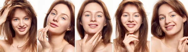 Collage. Set of portraits of young beautiful girl with healthy, spotless face without makeup against white background. Concept of skin care, cosmetology, cosmetics, natural beauty, plastic surgery